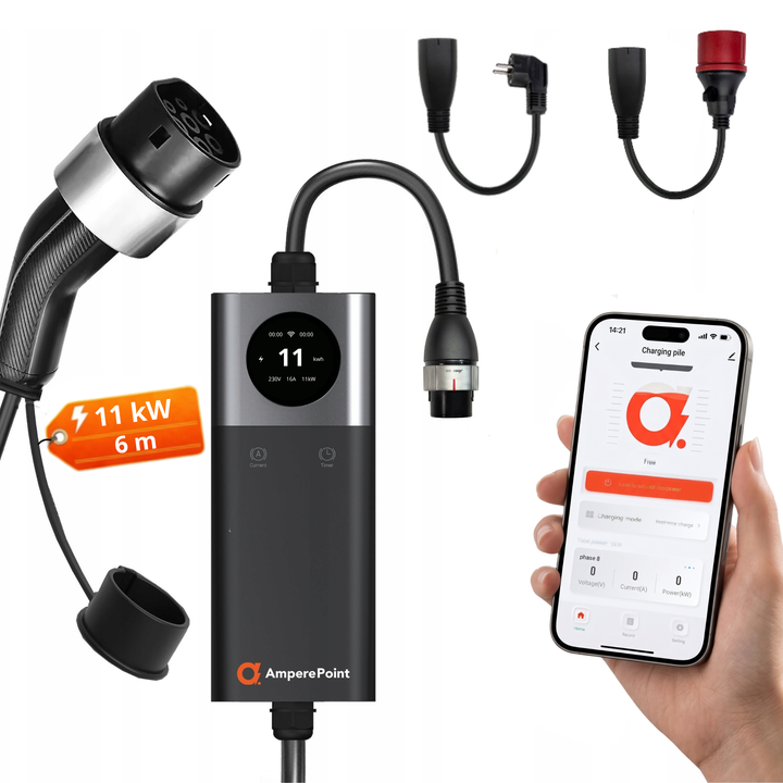 Przenośna ładowarka Q11 PRO (16A, Typ 2, 11kW) + 2x adaptery