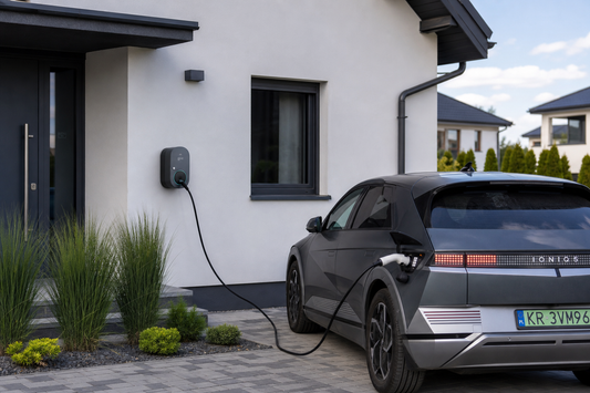 A home wall-mounted EV charger connected to an electric car outside a modern house