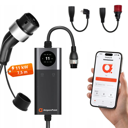 Przenośna ładowarka EV Q11 PRO (16A, Typ 2, 11 kW) + 2 adaptery