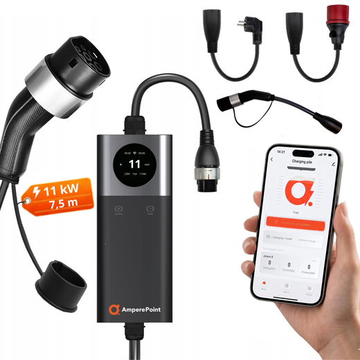 Przenośna ładowarka EV Q11 PRO (16A, Typ 2, 11 kW) + 3 adaptery