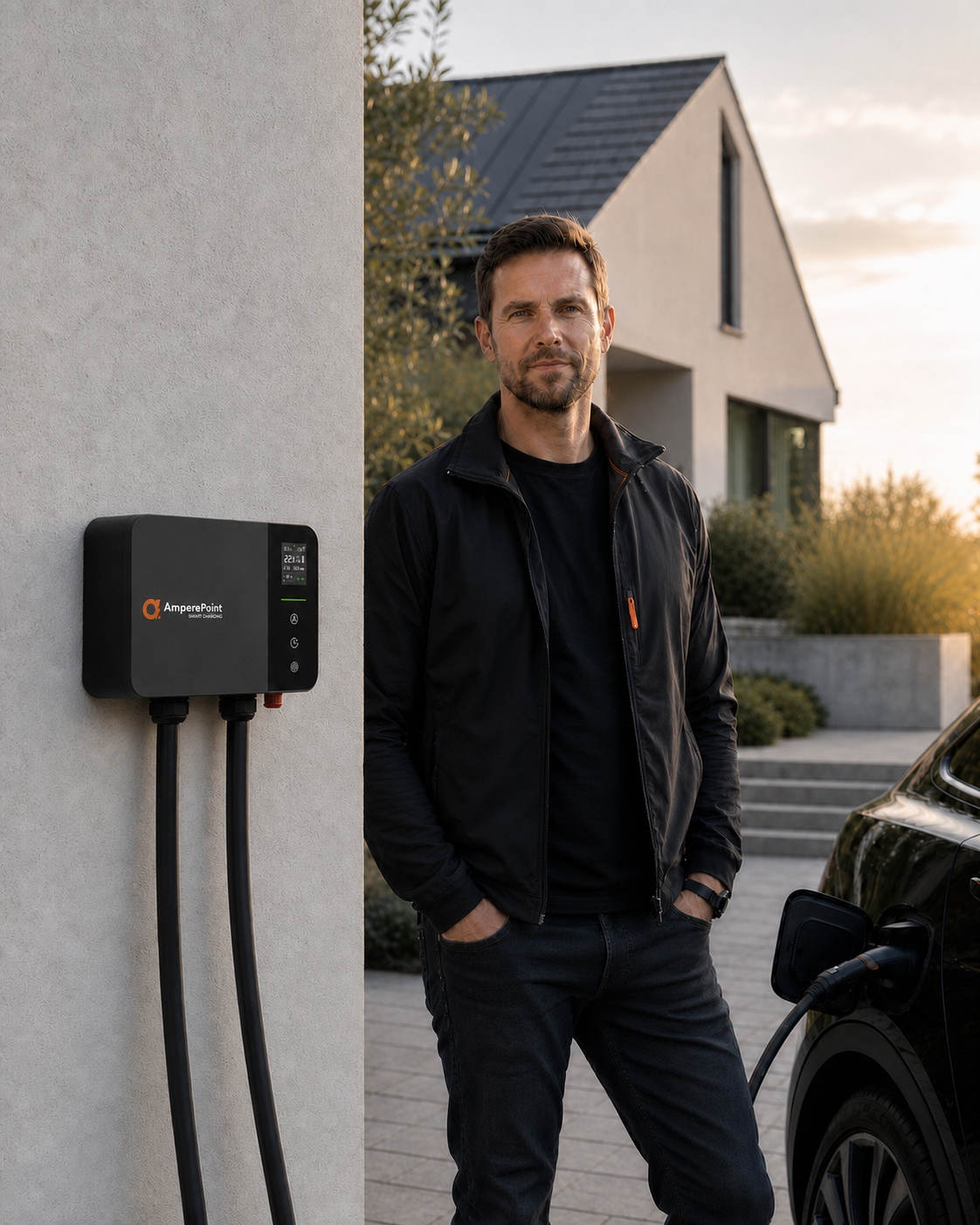 Ambasador AmperePoint obok domowej ładowarki do samochodów elektrycznych
